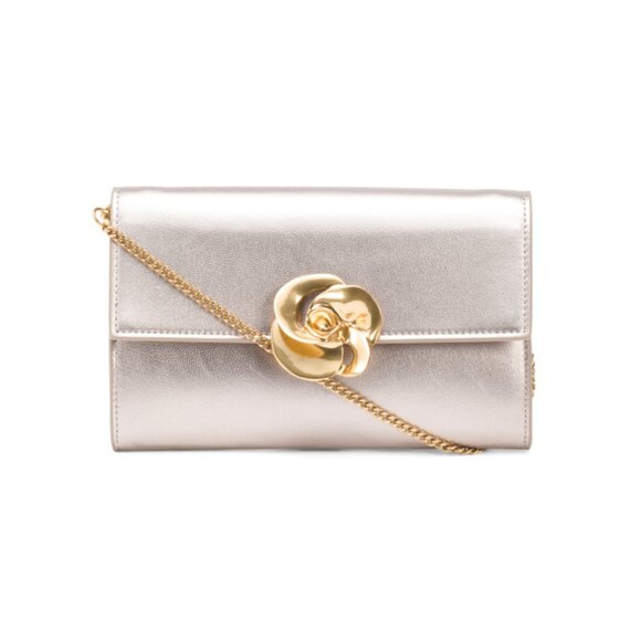 TED BAKER Bronze Leather Kira Rose Clutch With Chain Strap - Picture 1 of 2
